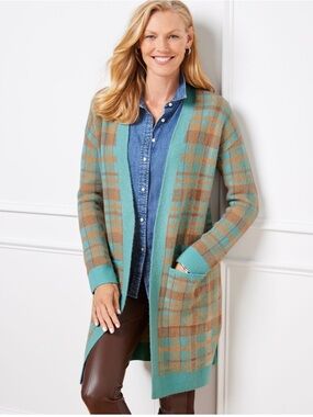 Ladies Talbots BIRD'S EYE PLAID OPEN FRONT CARDIGAN / Long Sweater Coat Size PL
